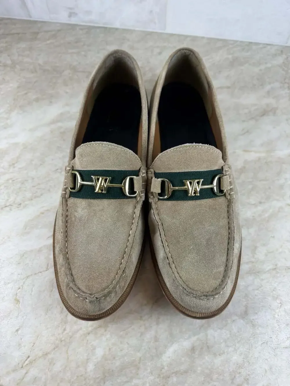 Walk London Mens Sand Suede Horsebit Loafers Green Gold Slip On Shoes US 9